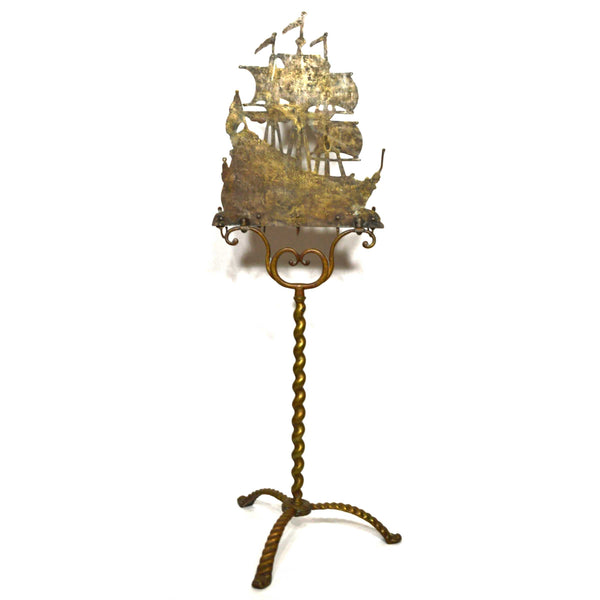 Antique NAUTICAL BRASS FIREPLACE RACK w/ 2 Tools "DON FERNANDO" SHIP H