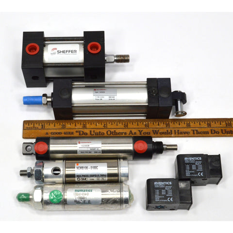 New! PNEUMATIC CYLINDER LOT of 5 AIR CYLINDERS + 2 VALVES! Norgren SMC Numatics