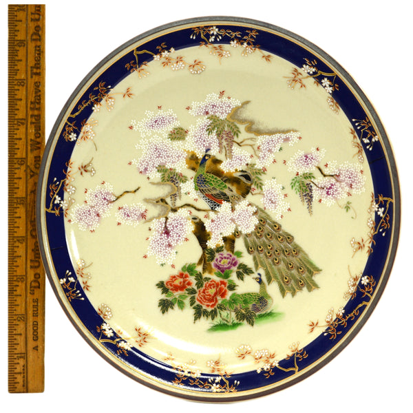 Signed CLOISONNE ENAMEL PLATE 9-3/8" Round PEACOCK in DOGWOOD TREE Some Crazing