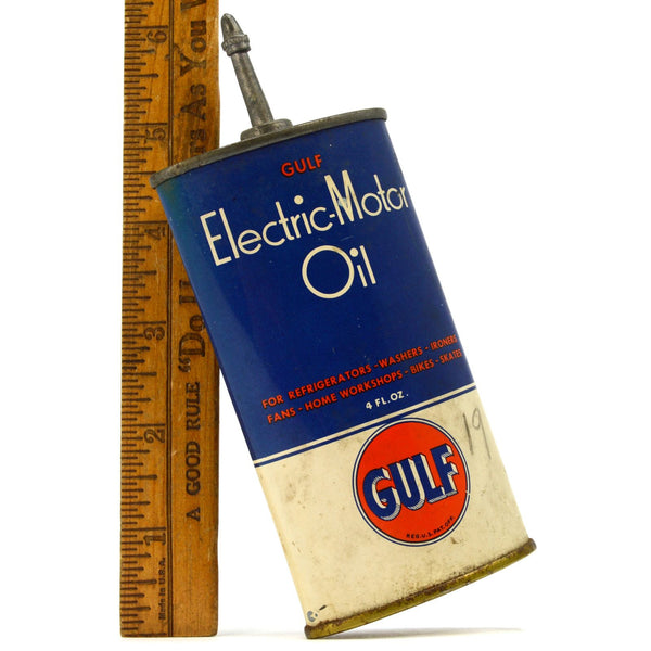 Vintage GULF "ELECTRIC-MOTOR OIL" TIN CAN + CAP 4 fl. oz "FOR HOME & SHOP" Full!