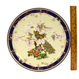 Signed CLOISONNE ENAMEL PLATE 9-3/8" Round PEACOCK in DOGWOOD TREE Some Crazing
