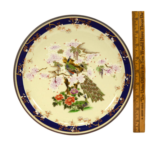 Signed CLOISONNE ENAMEL PLATE 9-3/8" Round PEACOCK in DOGWOOD TREE Some Crazing