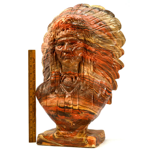 Vintage INDIAN CHIEF BUST-HEAD STATUE Mission Swirl LAYERED CLAY & RESIN 36 lbs!