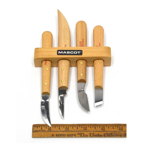 Briefly Used MASCOT CARVING KNIFE Lot/Set of 4 KNIVES in Original Wood Holder!