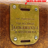 Antique BRASS TRAIN TAG "DELAWARE LACKAWANNA & WESTERN RR" on LEATHER BAG Rare!!