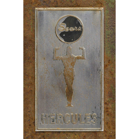 Vintage "SEARS HERCULES" FURNACE BADGE Aluminum on Steel EMBLEM Sign LOGO PLATE