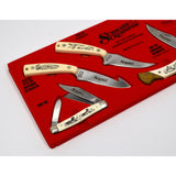 Vintage SCHRADE SCRIMSHAW KNIFE DISPLAY with 6 of 7 ORIGINAL KNIVES c.1989 Rare!