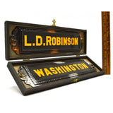 Vintage TIN NAMEPLATES Metal Signs "L.D ROBINSON" & "WASHINGTON" in Old Wood Box