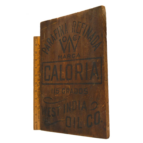 Vintage "WEST INDIA OIL CO." WOOD SIGN 9x14 "PARAFINA REFINADA CALORIA" Patina!