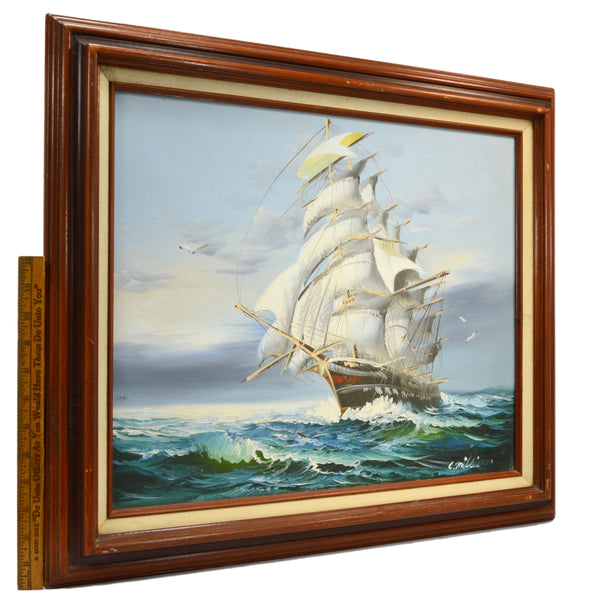 Vintage ORIGINAL ART Oil Painting on Canvas SIGNED "C. MILLION" Seascape CLIPPER