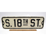 Vintage PRESSED STEEL STREET SIGN "S. 18TH ST." Black on White ROAD/TRAFFIC SIGN