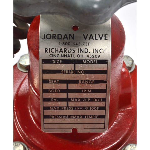 New/Never Used JORDAN VALVE Mo. MK60H, 3/4" by RICHARDS IND. INC. with Handwheel