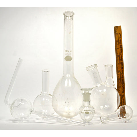 Mixed PYREX & KIMAX LAB GLASS Lot of 6 ROUND-BOTTOM FLASKS Pear 2-NECK Florence+