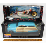 Lot of 2 HOT WHEELS DIECAST CARS 1:18 Scale SANTA SLIGHTLY MODIFIED +Merc Woodie
