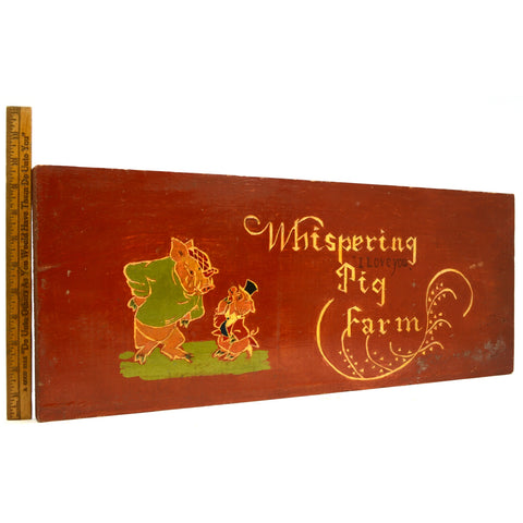 Vintage HOMEMADE FOLK ART SIGN 24"x10" Carved & Painted Wood WHISPERING PIG FARM