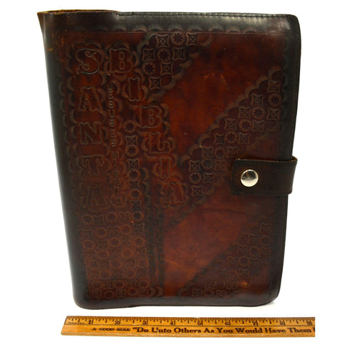 Vintage ITALIAN BIBLE COVER 8x11 Tooled Leather "SANTA BIBLIA" Snap Button "SM"