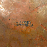 Antique 13" HAMMERED COPPER BOWL w/ Iron Handles by "W.H. PRIES, ARLINGTON, NJ"