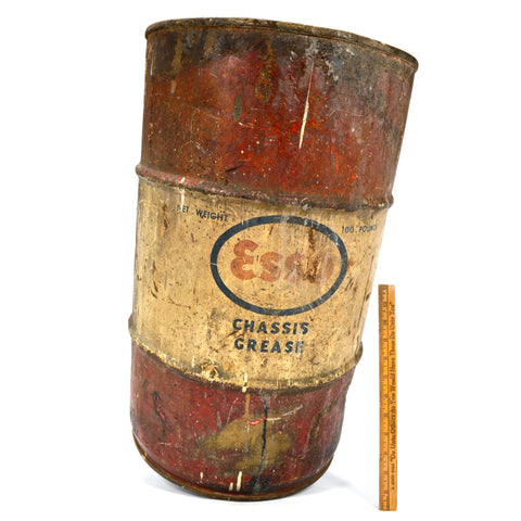 Vintage ESSO "CHASSIS GREASE" DRUM "100 Pounds" Barrel/Can 24"T x 14" dia PATINA