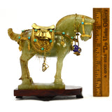 Antique CHINESE CARVED JADE HORSE Gold-Gilt & Enamel JEWELED SADDLE-BRIDLE + Box