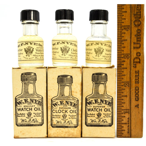 Vintage W.F. NYE OIL Lot of 3 FULL BOTTLES in ORIGINAL BOXES 2-Watch & 1-Clock!