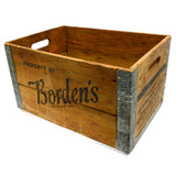 Vintage BORDEN'S MILK Wooden N.Y. DAIRY CRATE w/ Embossed STEEL CORNER BRACKETS