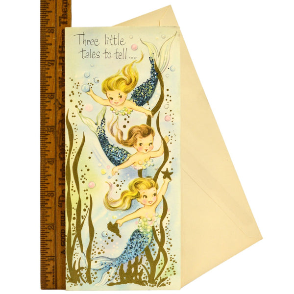 Vintage GET WELL GREETING CARD Unused! GLITTER MERMAIDS "Three little tales..."