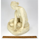 Antique PORCELAIN-PARIAN STATUE Large 12" MAIDEN NYMPH w/ LEAVES Seated on Rock