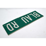 Vintage STEEL STREET SIGN "BLAU RD" Green & White 6x18 DOUBLE-SIDED ROAD MARKER