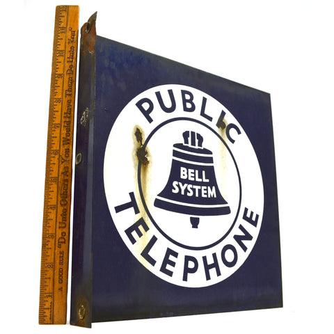 Vintage BELL SYSTEM "PUBLIC TELEPHONE" 11x11" Double-Sided FLANGE SIGN Porcelain