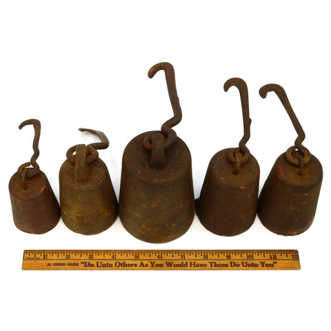Antique CAST IRON SLIDING SCALE WEIGHT Lot of 5 Hanging HOOK WEIGHTS 22 lb Total