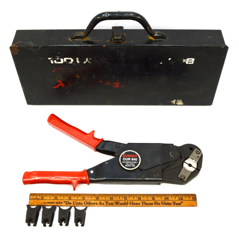Briefly Used BURNDY OUR840 HYTOOL Ratchet CRIMPING TOOL in Case w/ (3) DIE SETS!