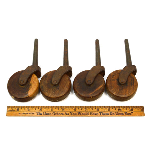 Antique CASTER WHEELS Set of 4 IRON STEM CASTERS 2-7/8" Single WOOD WHEEL Patina