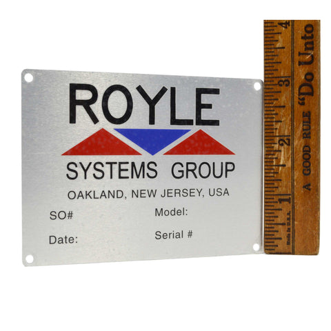 Vintage "ROYLE SYSTEMS GROUP" Aluminum MACHINE TAGS Machinery Nameplate NOS New!