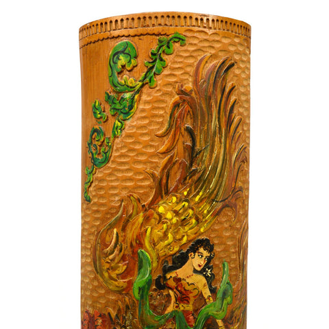Signed Art HAND CARVED/PAINTED BAMBOO 20" Wall Hanging DRAGON/BIRD & WOMAN Scene