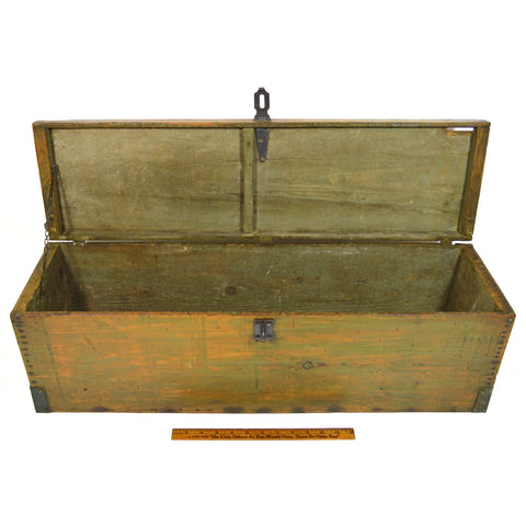 Antique WOOD LOCK BOX 31x9x10 CAST IRON HARDWARE Long & Skinny OLD GREEN PAINT!