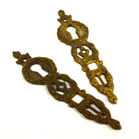 Antique BRASS/BRONZE ESCUTCHEON Lot of 2 Matching VERTICAL KEYHOLE COVERS French