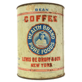 Antique HEALTH BRAND PURE FOODS "BEAN" COFFEE TIN Very Rare! LEWIS DeGROFF & SON
