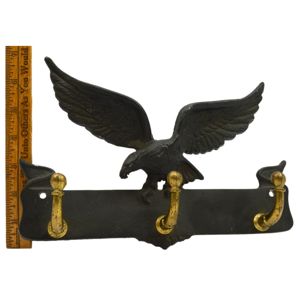 Vintage CAST IRON & BRASS COAT RACK Perched Eagle 3-HOOKS Wall-Mounted PATINA!!