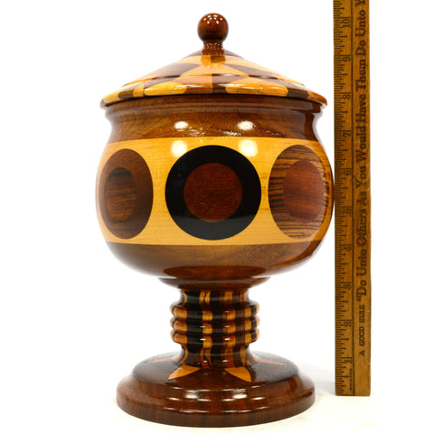 Gorgeous! TURNED WOOD PEASEWARE JAR Covered Urn PEDESTAL TREEN Acorn-like Shape