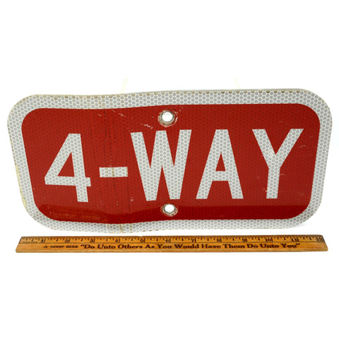 Vintage "4-WAY" (STOP) ROAD SIGN 6x12" Red & White REFLECTIVE GRAY Nice Patina!