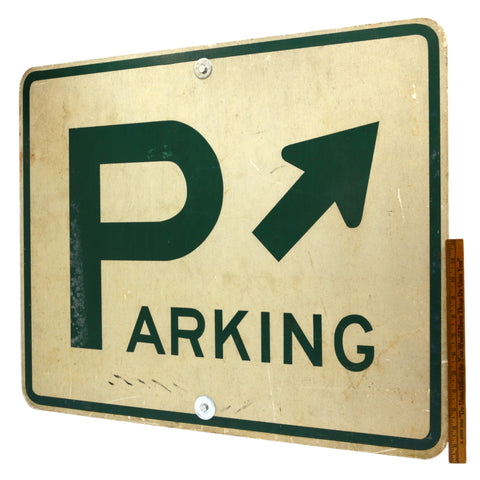 Vintage STEEL ROAD SIGN "PARKING" w/ ARROW (Pointing Up-Right) 24"x30" MAN-CAVE
