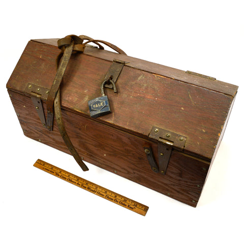 Antique FOLK ART-HOMEMADE WOOD TOOL BOX Gable-Top Lid ORIGINAL TRAY + Yale Lock!