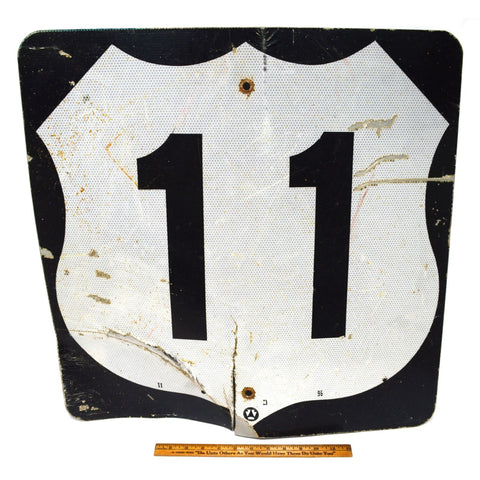 Vintage U.S. ROUTE 11 HIGHWAY ROAD SIGN Reflective BLACK & SILVER 24x24" Patina!