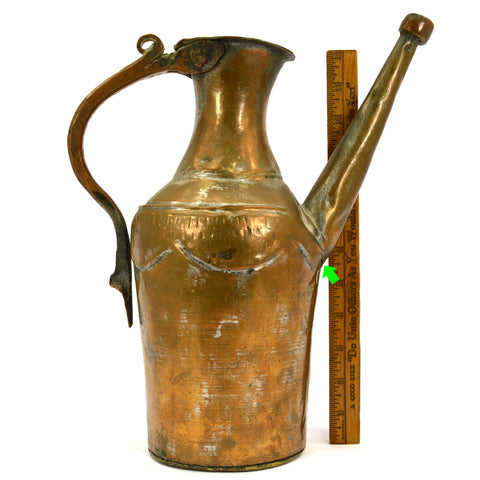 Antique TINNED COPPER & BRASS EWER Wonderfully Crude! WATER PITCHER Carafe c19th