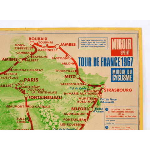 Vintage TOUR DE FRANCE 1967 "MIROIR SPRINT" MAP 18" Cycling Poster EPHEMERA Rare