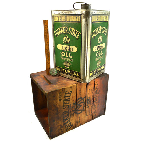 Vintage QUAKER STATE "AERO" OIL CAN 5-Gallon + ORIG. WOODEN CRATE Wood Box RARE!
