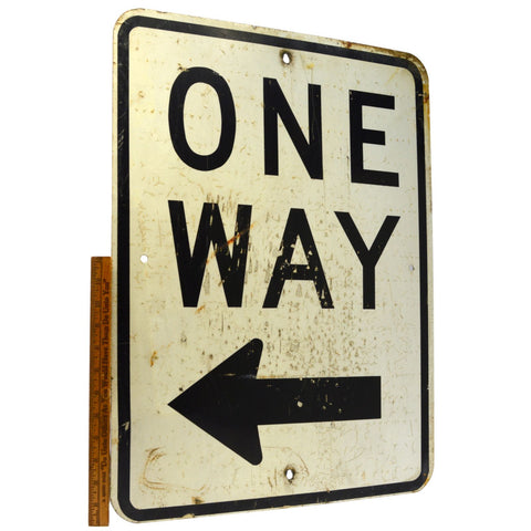 Vintage "ONE WAY" (LEFT ARROW) ALUMINUM ROAD SIGN Black on White 18x24" PATINA!!