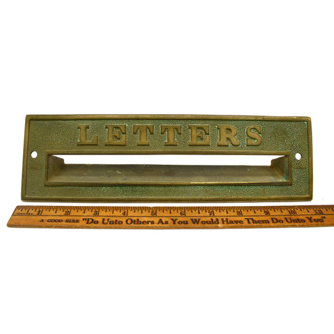 Vintage SOLID BRASS "LETTERS" DOOR SLOT Big 11" Embossed MAIL PASS-THRU Patina!