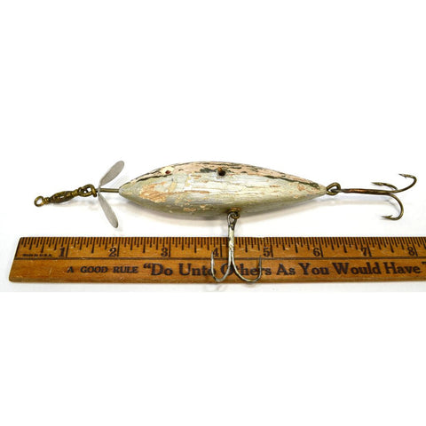 Antique WOODEN FISHING LURE 5" Hand/Homemade GREEN & SILVER Minnow PATINA!