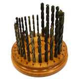 Vintage CLEVELAND TWIST BIT SET of 26 Mixed DRILL BITS in ROUND WOOD STAND Rare!